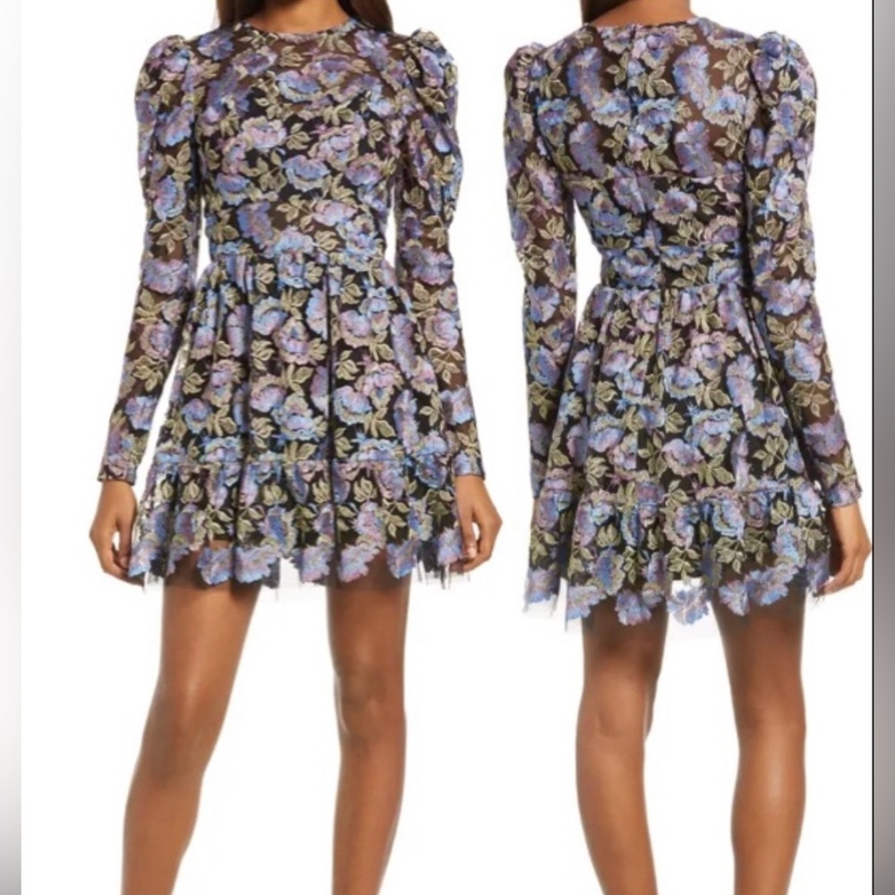 Dress the Population Black Floral Mini Dress with Lavender & Green Embroidery